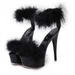 Black Feather Fur Flurry Sexy Platforms Super High Stiletto Heel Sandals Shoes